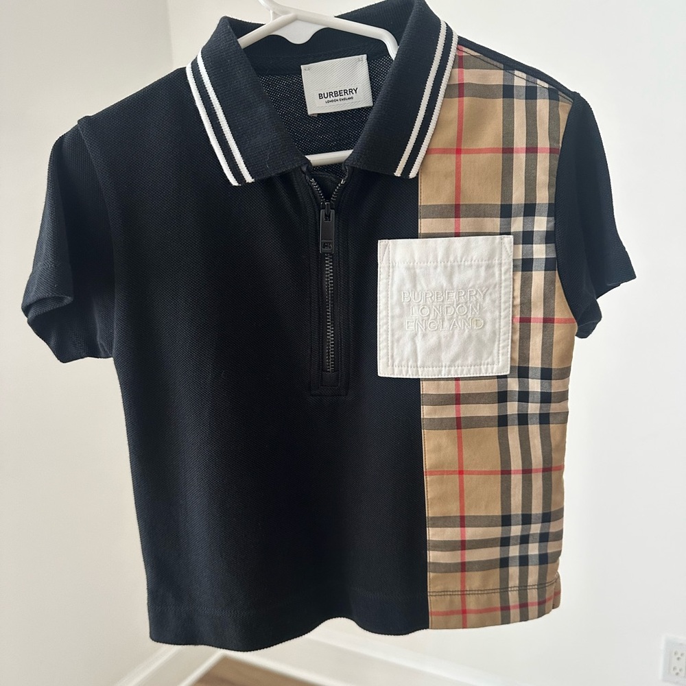 Authentic Burberry Black and Tan Polo Shirt Asymmetrical Design